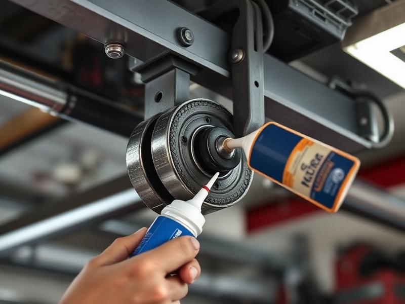 Professional technician lubricating garage door bearings with white lithium grease