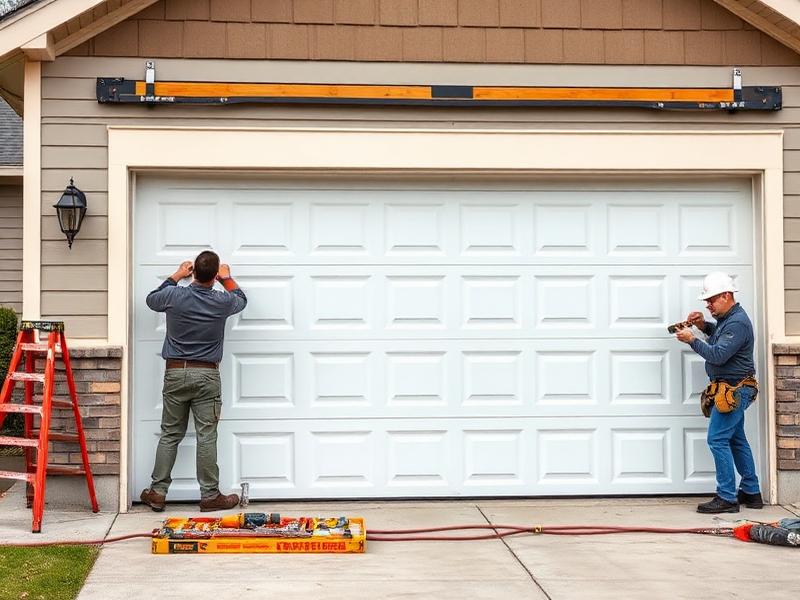 Professional garage door installation team mounting new steel residential door