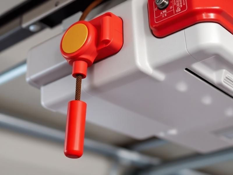 Red emergency manual release handle on garage door opener mechanism